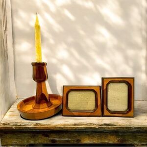 Vintage Multi Color Segmented Hardwood Candlestick and Photo Frames 3 Piece